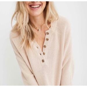 Aerie Women Beige Ribbed Henley Sweater Oversized Knit Button Neck Tan Medium
